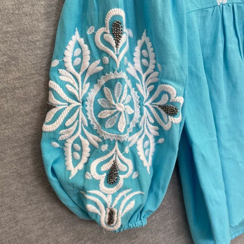 Soft Surroundings Boho Peasant Tunic Top Womens Medium Embroidered Beaded Blue - Picture 4 of 11